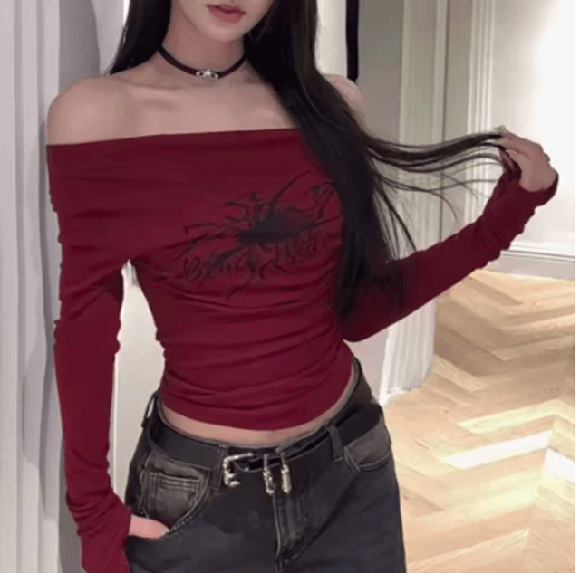Gothic t Shirt voor dames met lange mouwen kleur rood