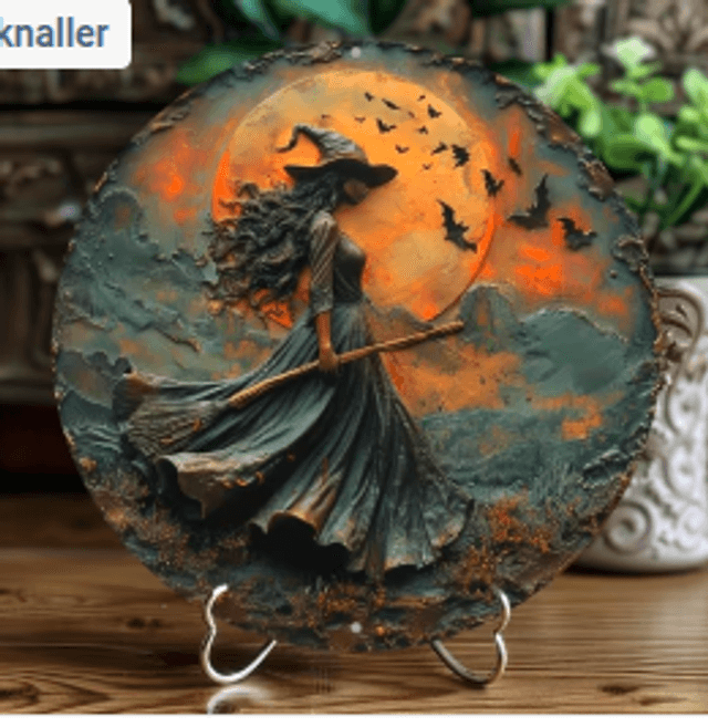 Wanddecoratie metalen bord Donkere Heks (20cm diameter)