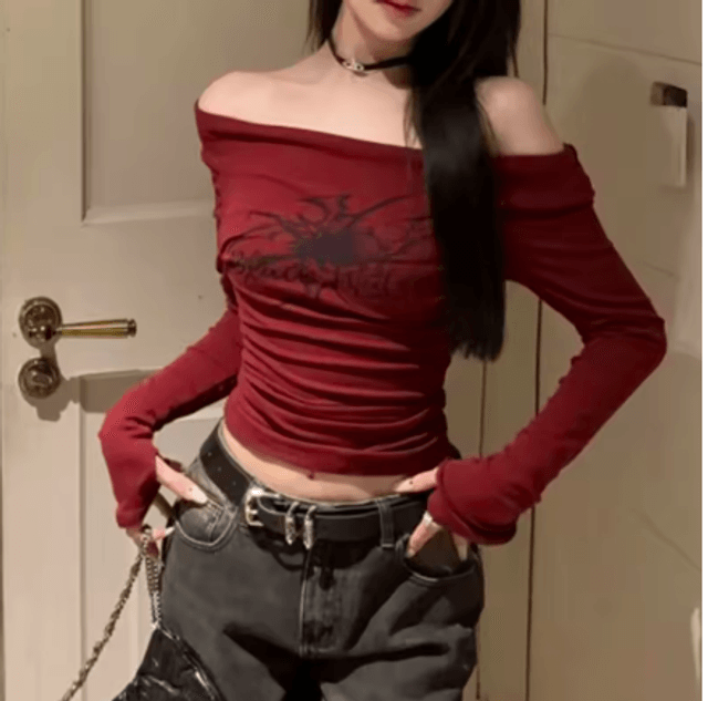 Gothic t Shirt voor dames met lange mouwen kleur rood