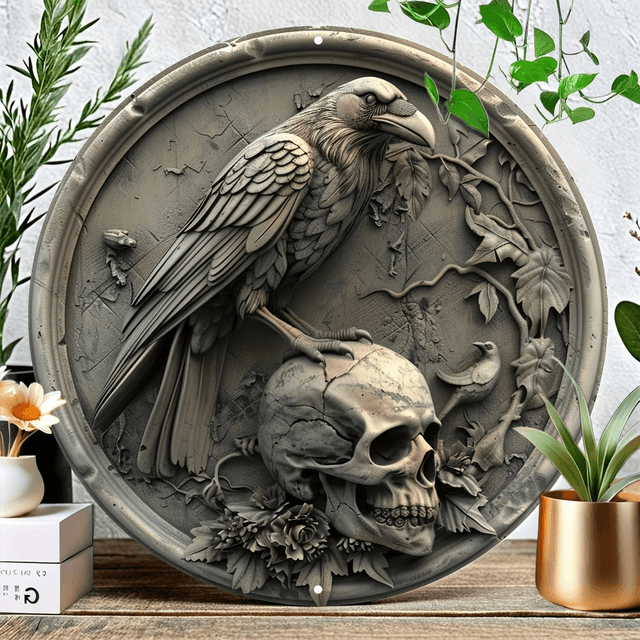 Metalen Wandbord Kraai met Schedel (20x20cm)