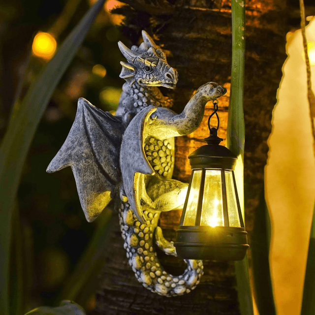 Prachtige vintage draak lamp op zonne energie - weerbestendig (23cm)