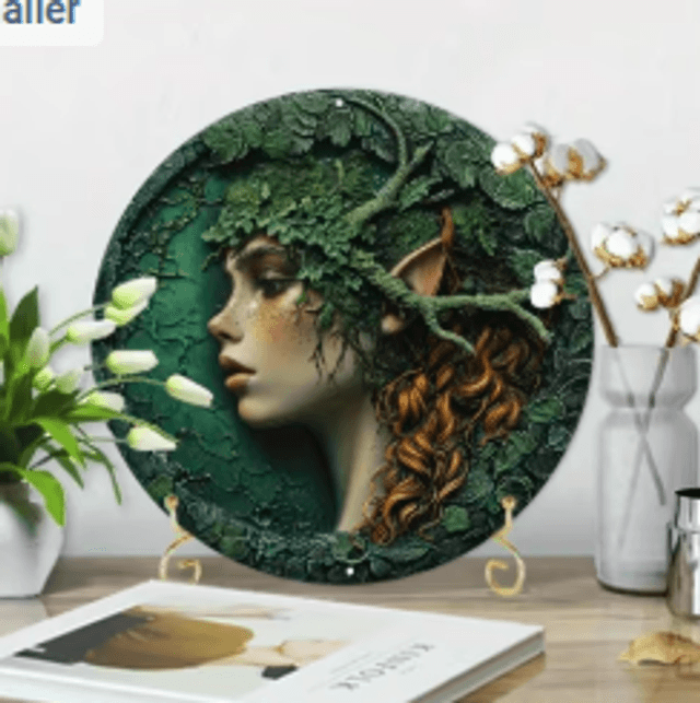 Wanddecoratie metalen bord Elf meisje (20cm diameter)