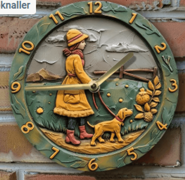 Vintage metalen klok vrouw met Hond (20cm diameter) Nieuw.
