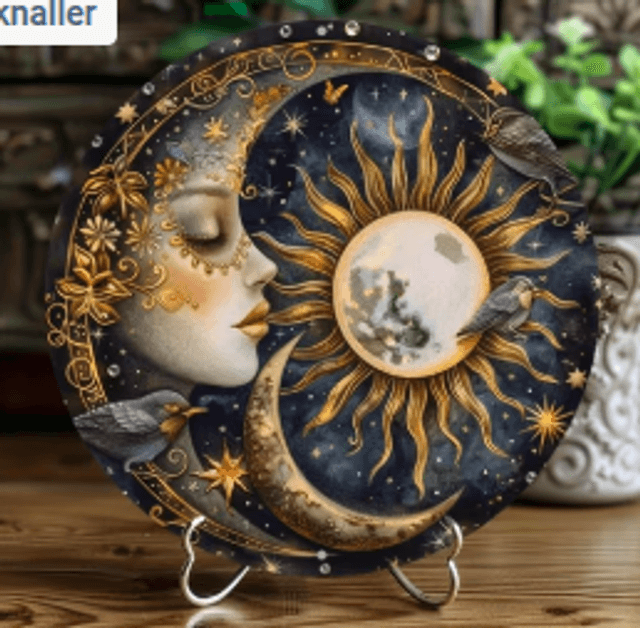 Wanddecoratie metalen bord Zon en maan liefde 20cm diameter
