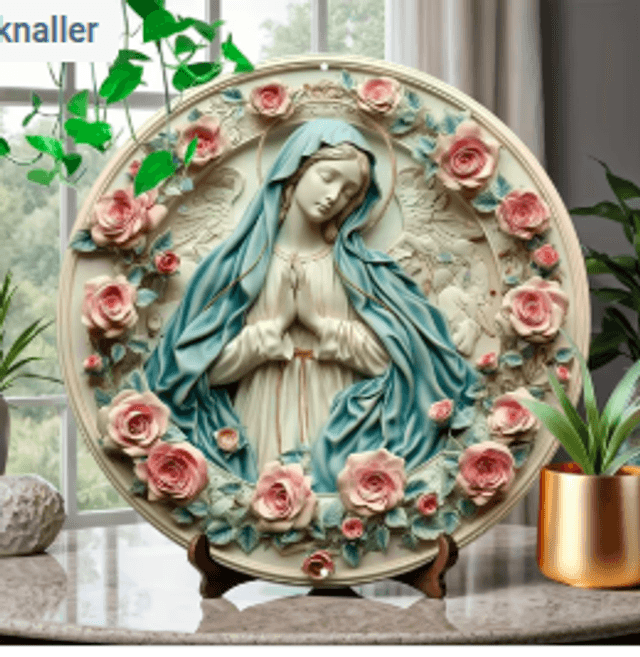 Wanddecoratie metalen bord Maagd Maria (20cm diameter)