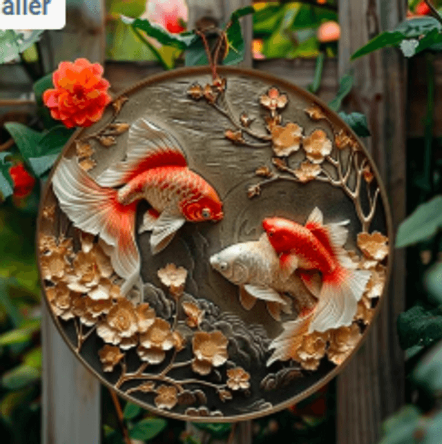 Wanddecoratie metalen bord Goudvissen (20cm diameter)