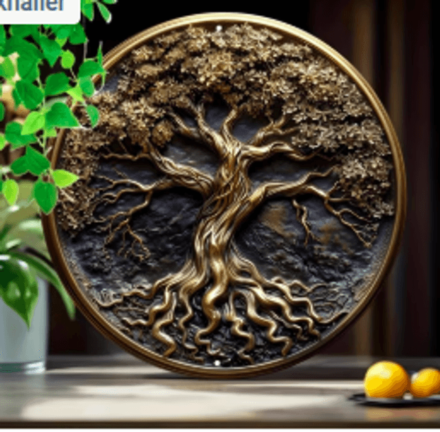 Wanddecoratie metalen bord Vintage Levensboom 20cm diameter