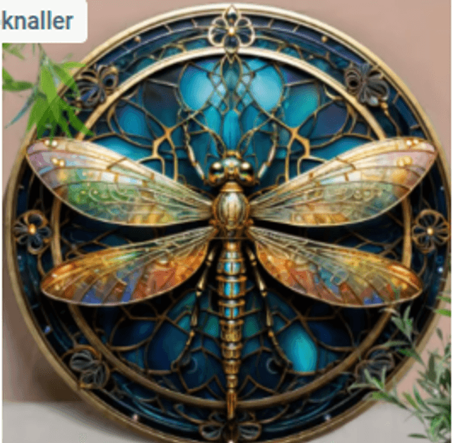 Wanddecoratie metalen bord Libelle glas in lood (20cm)