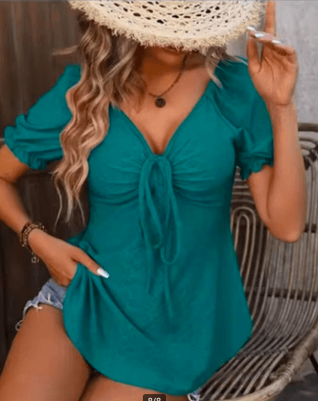 Lente blouse voor vrouwen met V hals en trekkoord kleur donkergroen