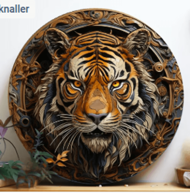 Wanddecoratie metalen bord Tijger gezicht (20cm diameter)